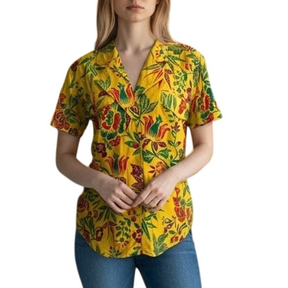 Vintage Escada‎ Camp Shirt Women S Yellow Floral Button Hawaiian Tropical Resort
